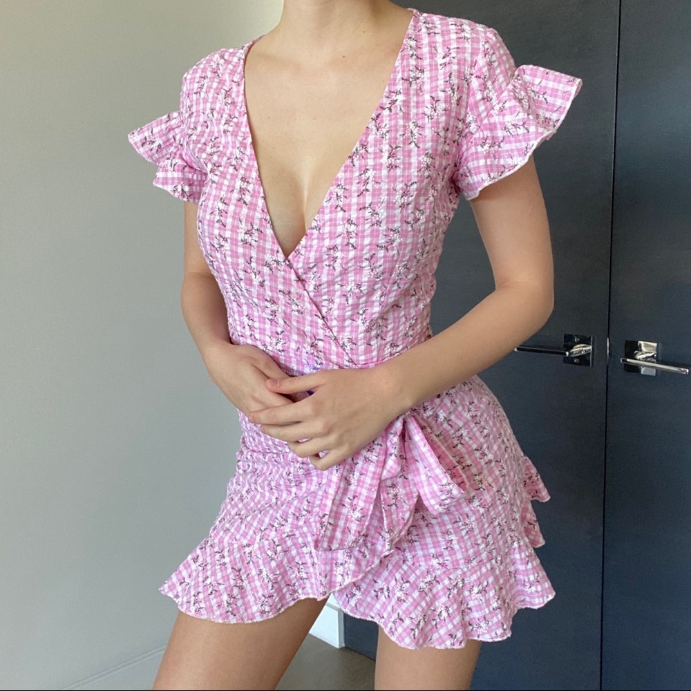 Tiger Mist Kacey Dress Pink Gingham Floral Pattern